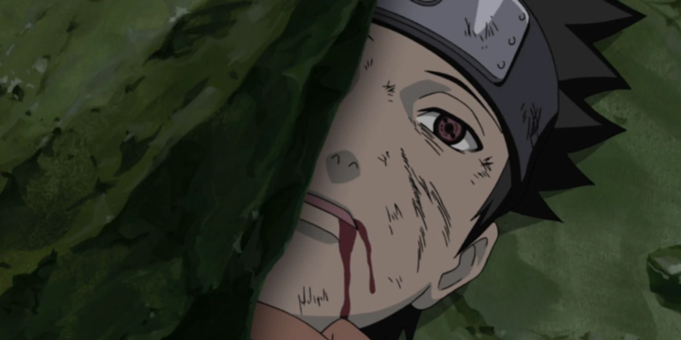 Obito crushed under a boulder in Naruto.