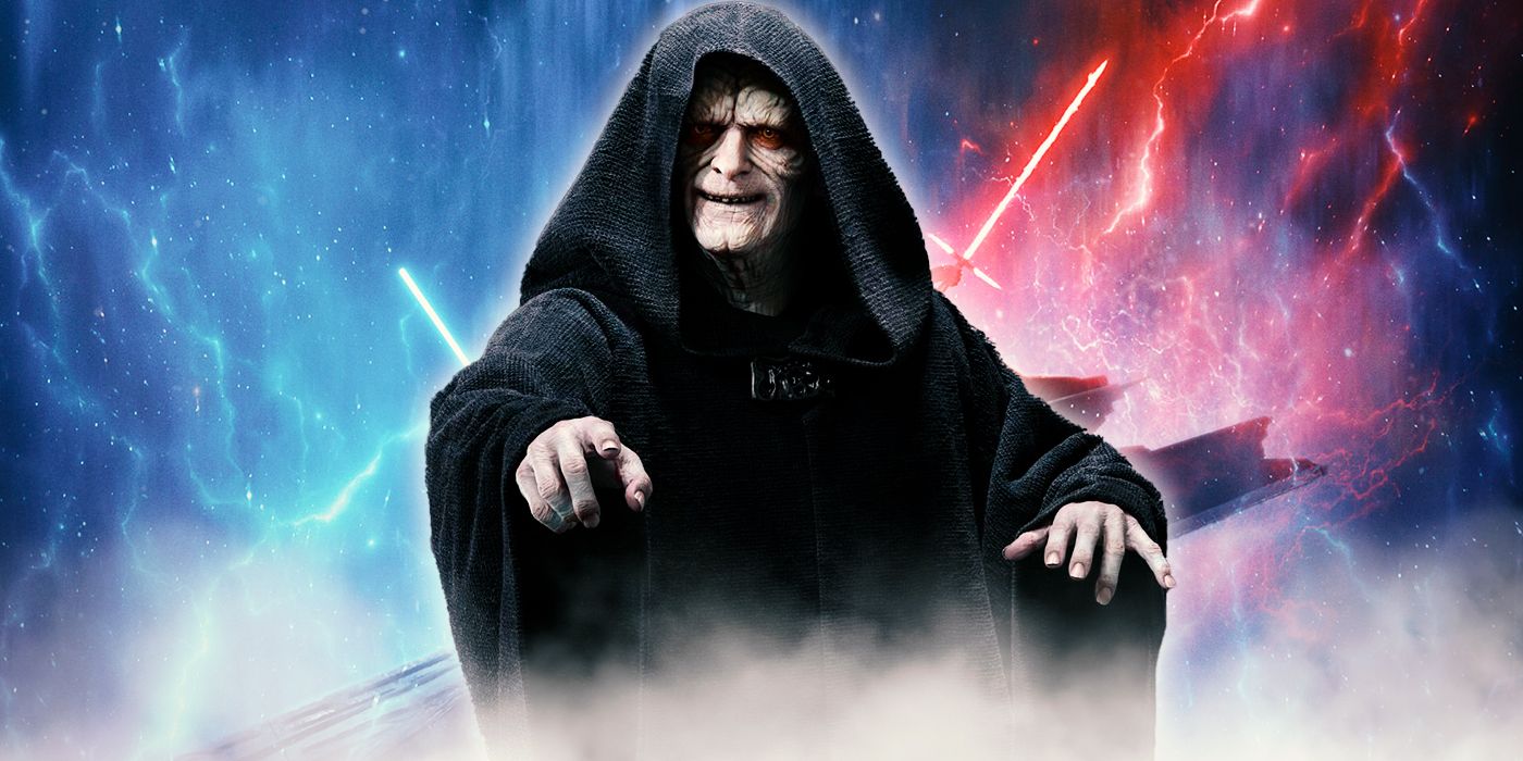 Emperor Palpatine stands in front of both light and dark force energy