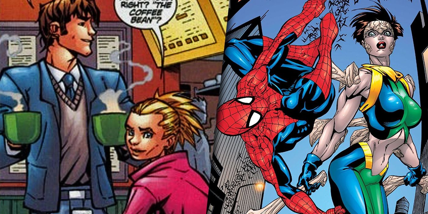 Peter Parker with Sarah Rushman and Spider-Man with Marrow split image