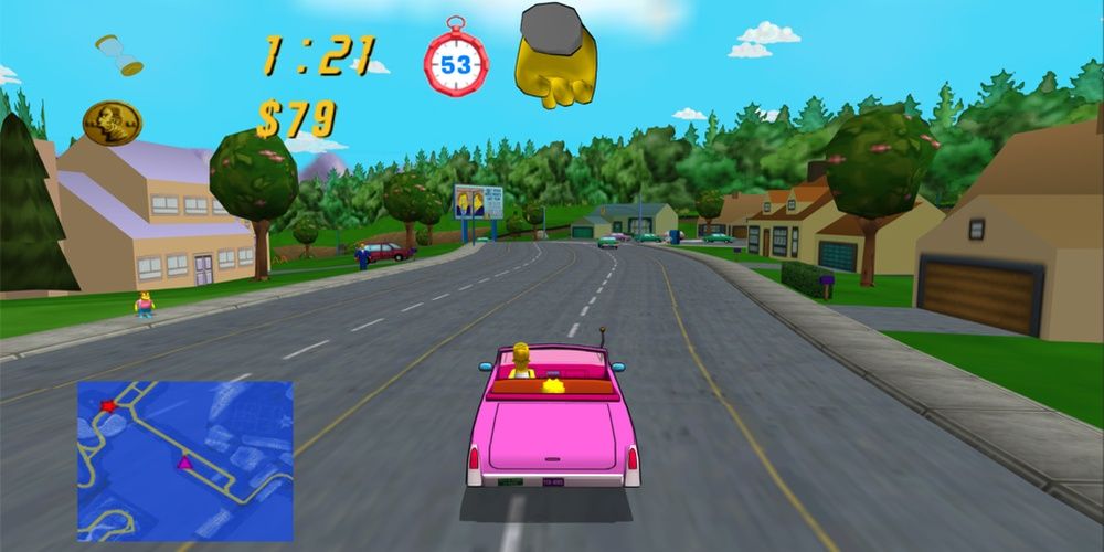 O carro de Homer correndo pelas ruas de Springfield em Os Simpsons: Road Rage