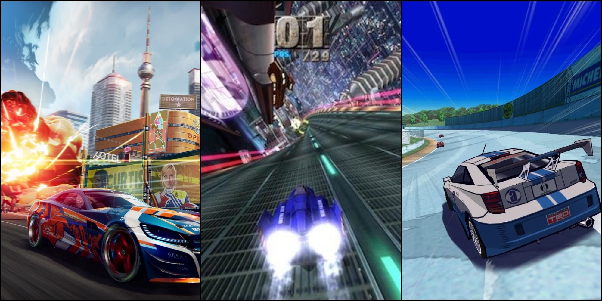A split image featuring gameplay screenshots of Split Second, F-Zero and Auto Modellista