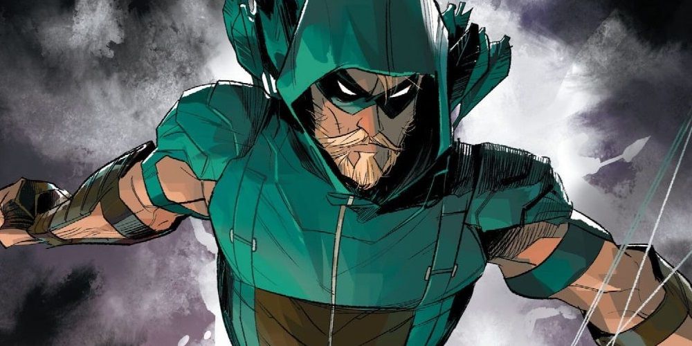 Green Arrow jumps over a dark cloudy sky