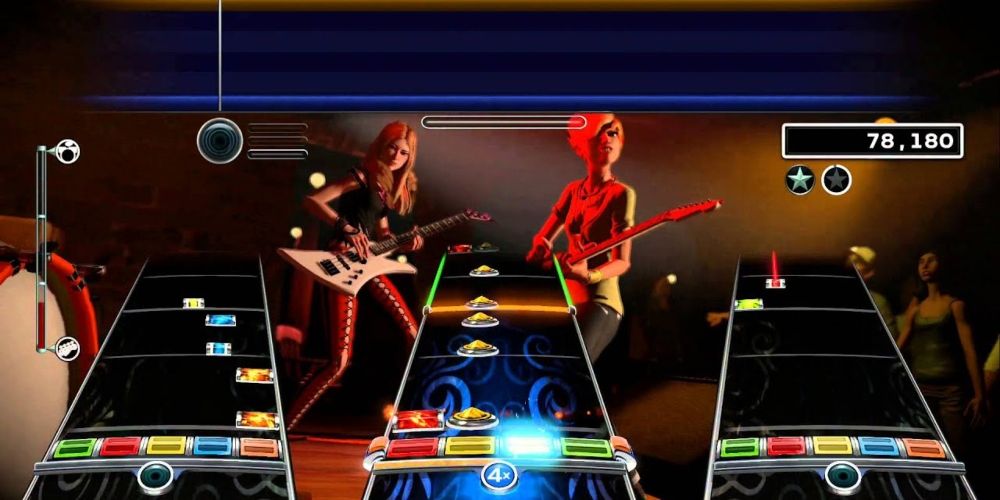 A band playing a song in Rock Band 2 game