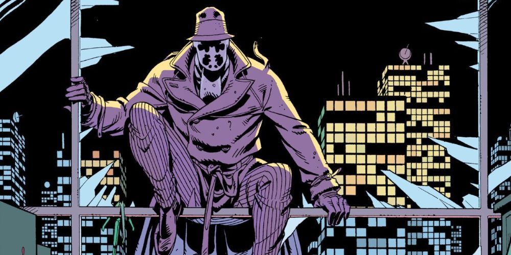 Rorschach climbs through a shattered penthouse window in DC Comics' Watchmen.