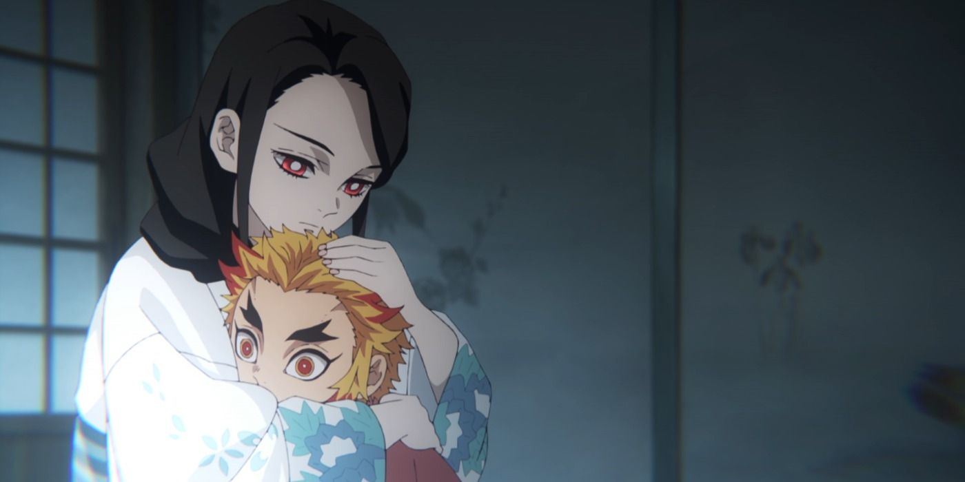 Ruka Rengoku from Demon Slayer hugging her son, Senjuro