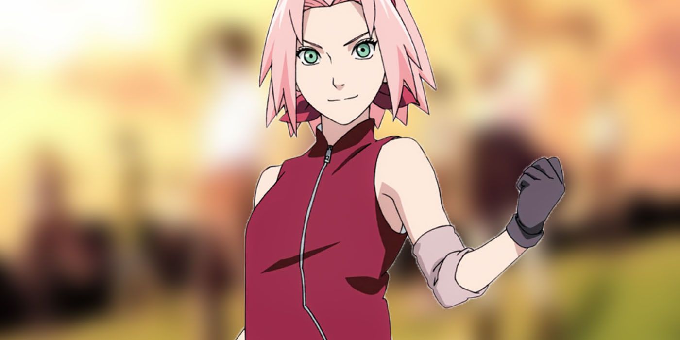 Naruto's Sakura Haruno smiling at the viewer and holding up her fist.