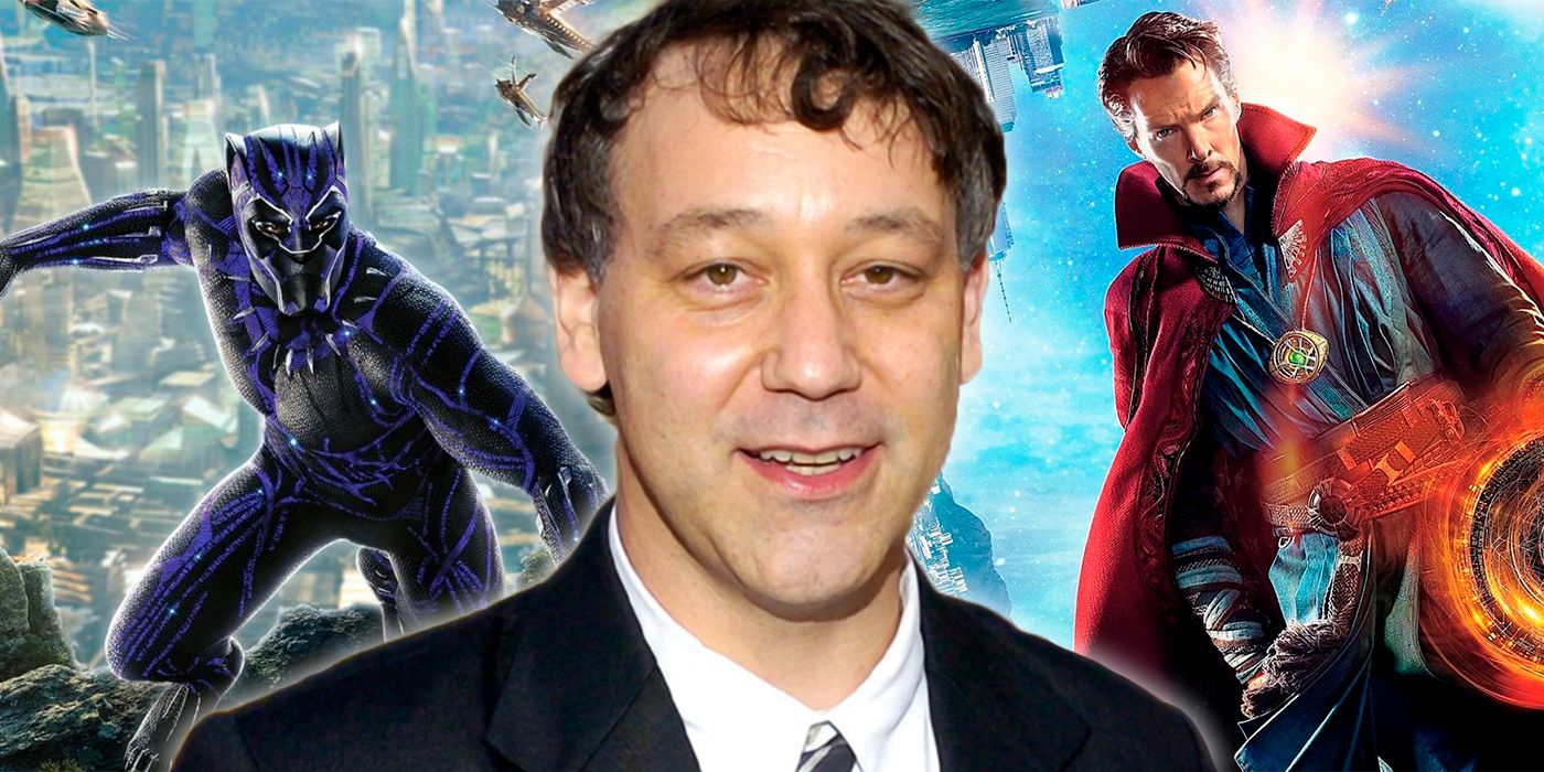 Doctor Strange in the Multiverse of madness director Sam Raimi, with Strange and Black Panther in the background.