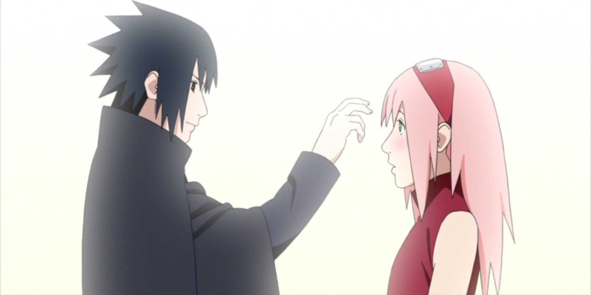 Sasuke poking Sakura's forehead at the end of Naruto.