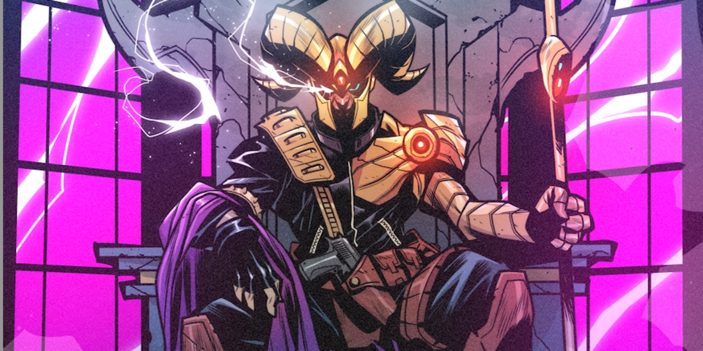 Magog sitting on a throne on his first appearance in DC's Earth-Prime.