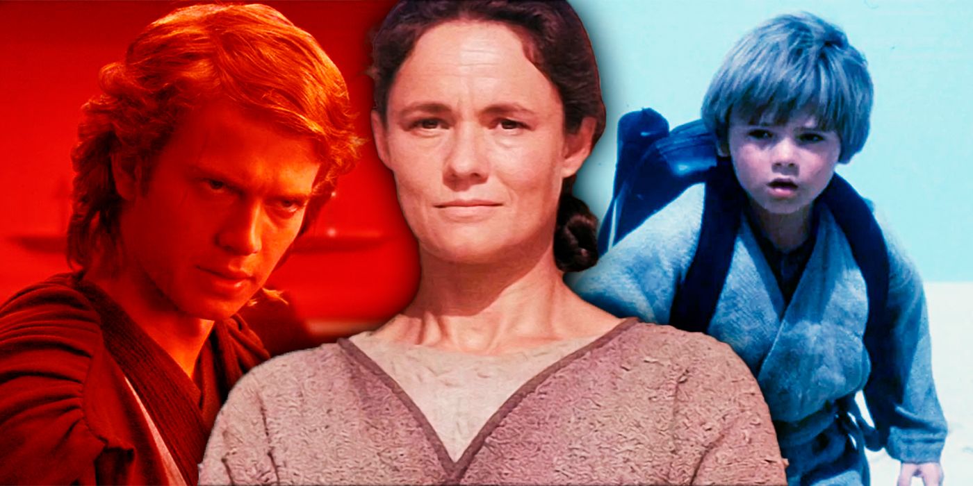 Shmi Skywalker with two images of Anakin in the background. The adult Anakin is shaded red, and the child Anakin is shaded in blue.