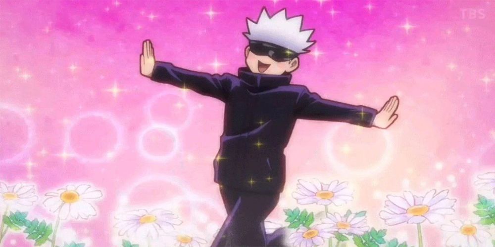 Satoru Gojo freely walks through flowers in chibi art style in Jujutsu Kaisen