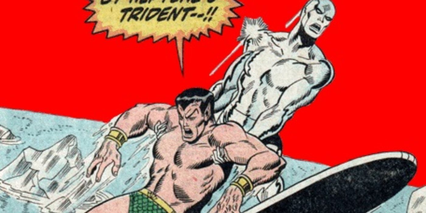 Silver Surfer pulls Namor away from the water while he yells