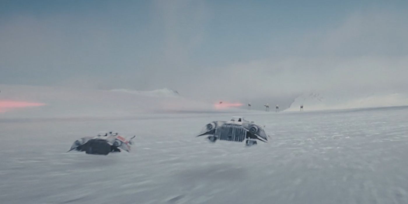 Snowspeeders fly into battle on Hoth in Star Wars The Empire Strikes Back