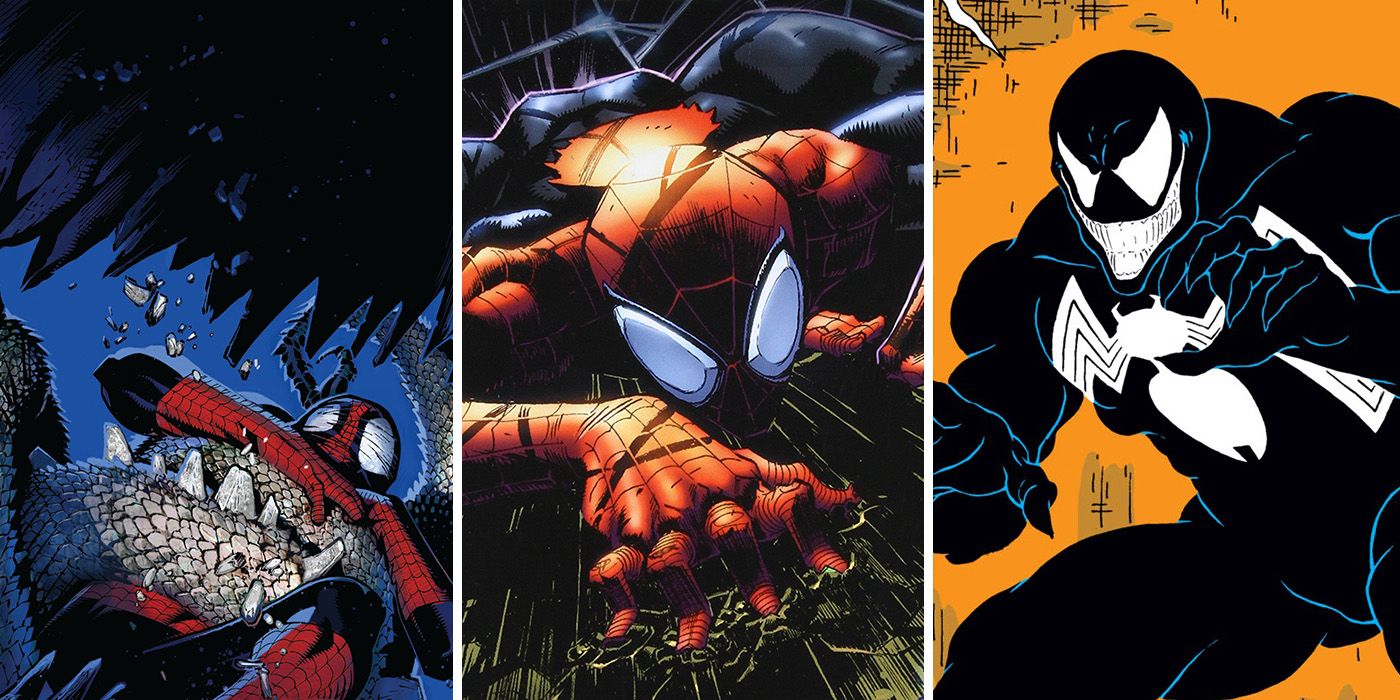 Spider-Man battles the Lizard, with Superior and Venom