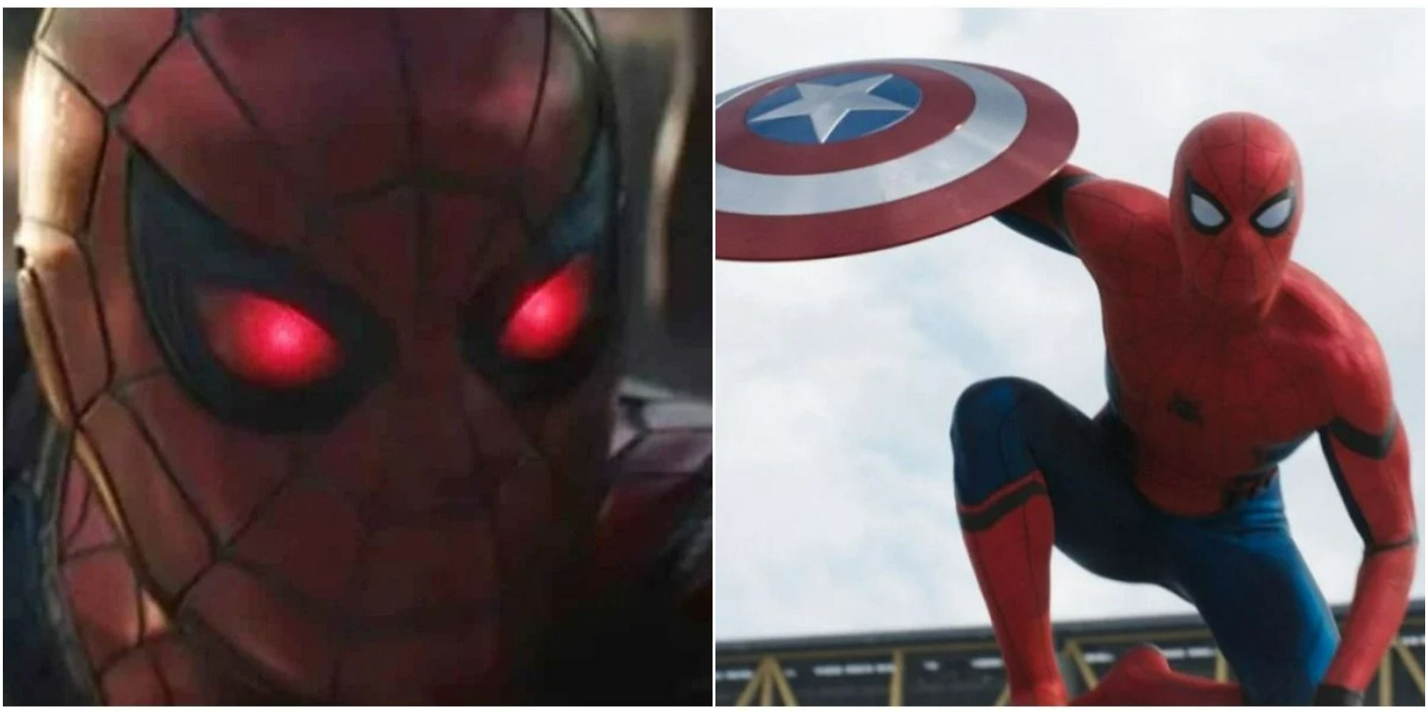 Split Image Of Spider-Man's Instant Kill Mode In Endgame And Spider-Man With Captain America's Shield In Civil War
