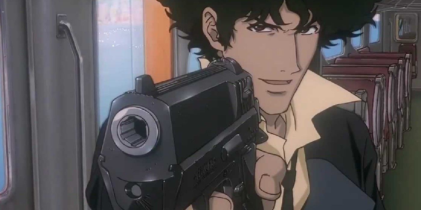 Spike aims at Vincent in Cowboy Bebop The Movie.