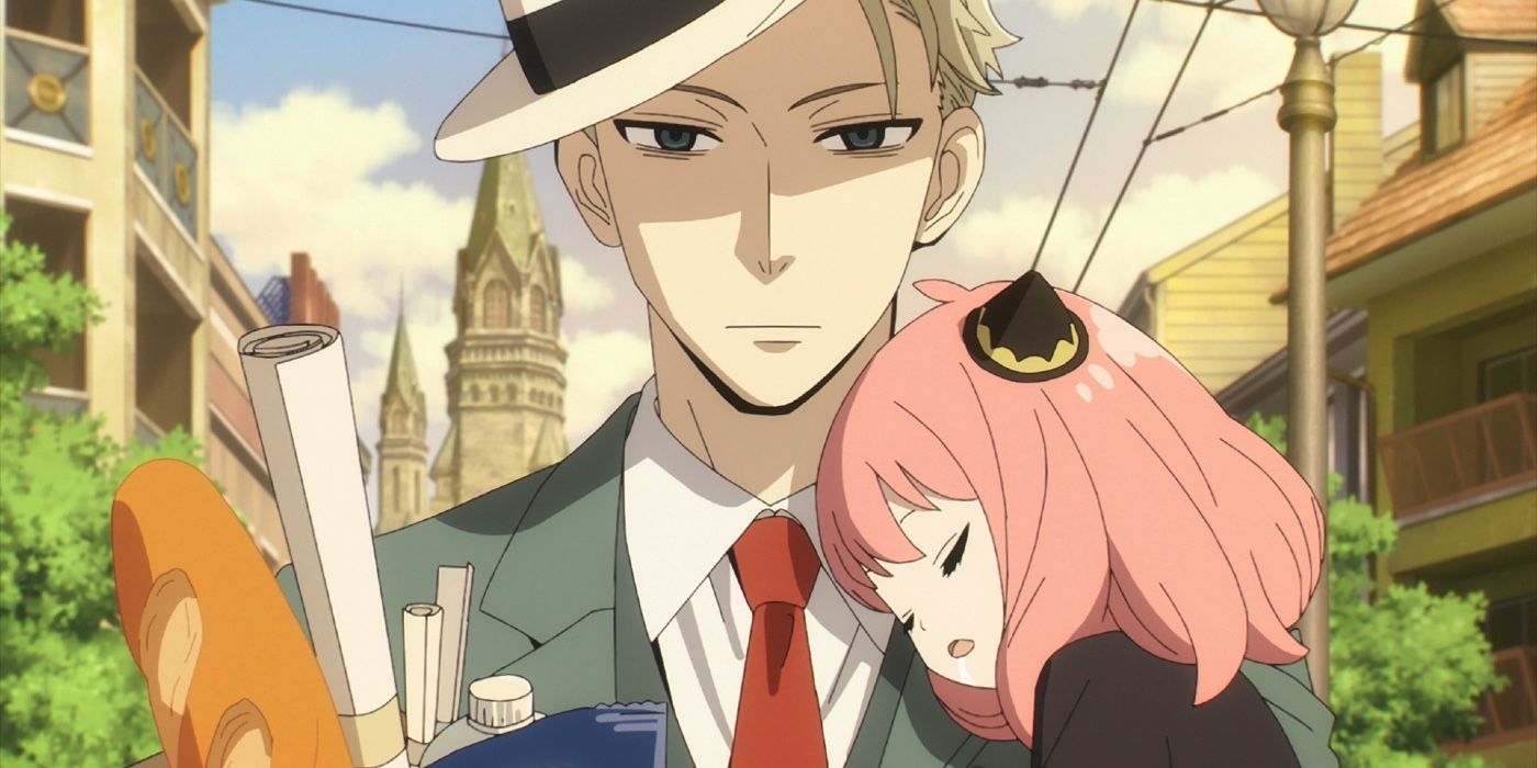 Loid Forger carrying his sleeping daughter Anya in the Spy x Family anime.