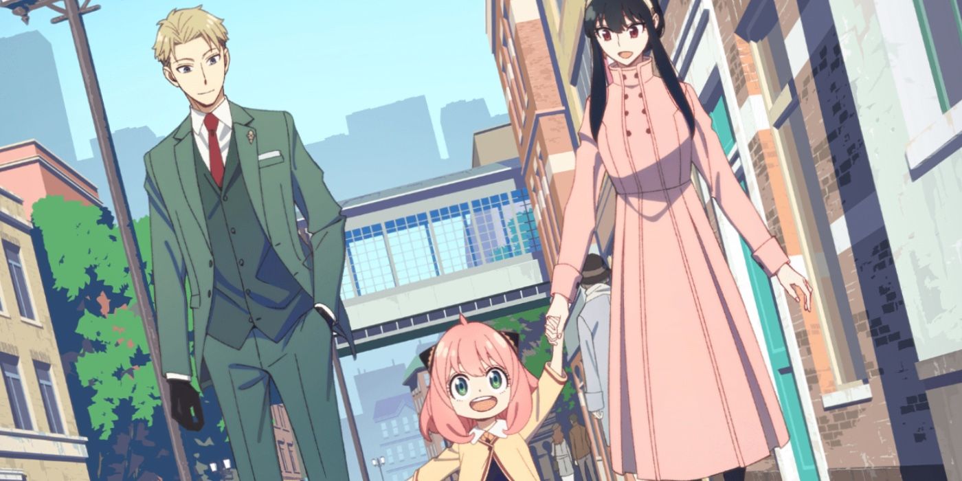 Loid, Anya and Yor Forger walking down the street in the Spy X Family