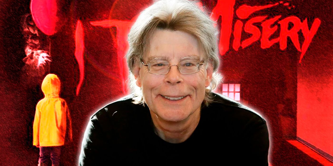 Stephen King in front of IT and Misery posters