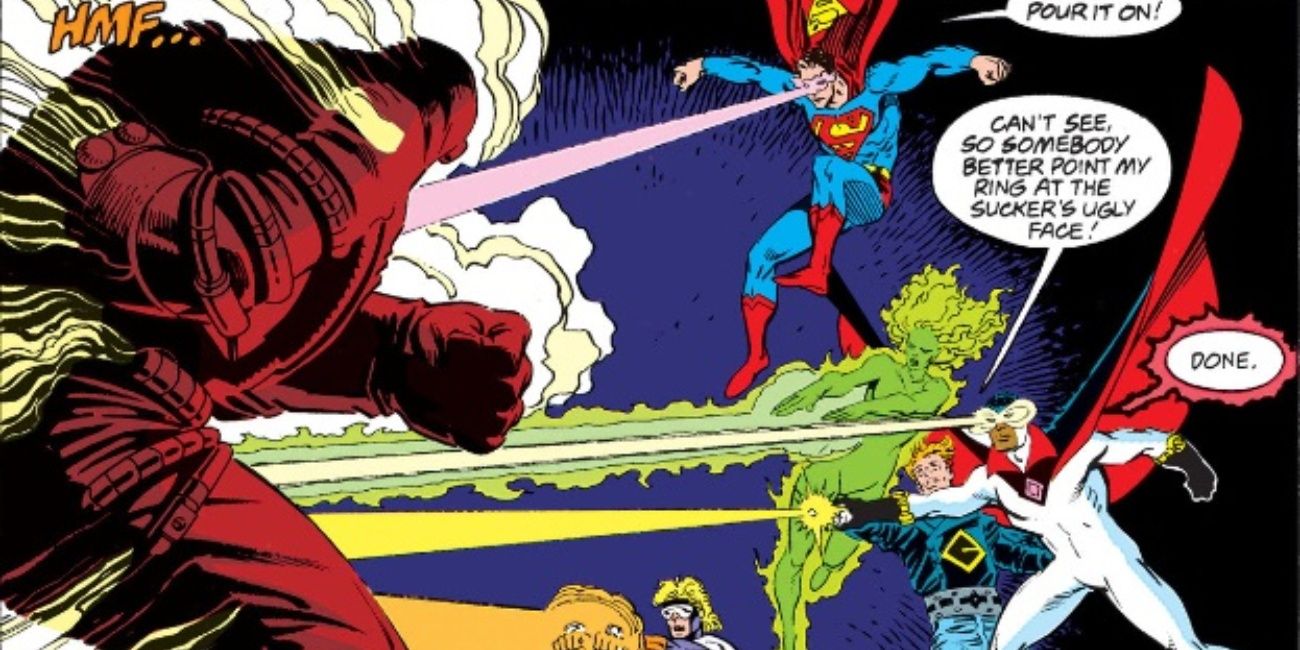 Superman, Fire, Bloodwynd, Booster Gold, and Guy Gardner vs. Doomsday