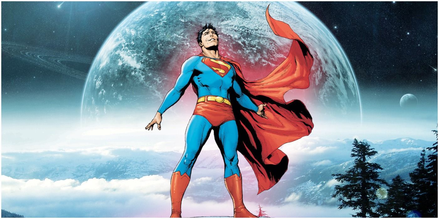 DC Comics' Superman hovers in front of the moon.