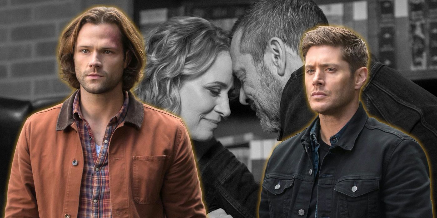 Sam and Dean from Supernatural flanking John and Mary embracing in black and white