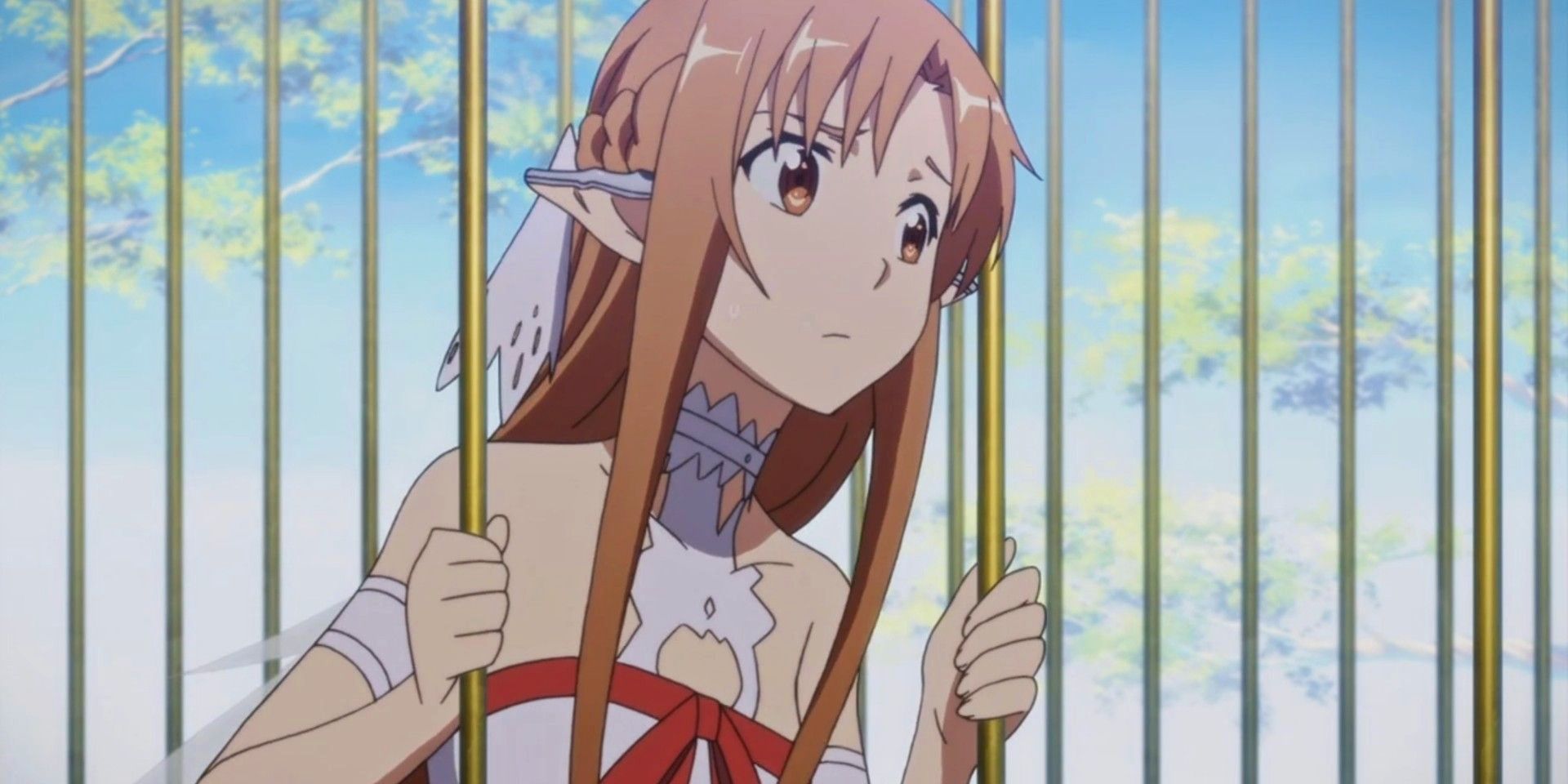 Asuna trapped in a cage in ALFheim Online in Sword Art Online.