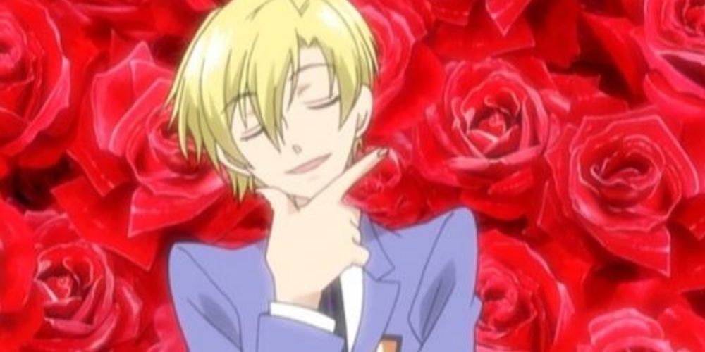 Tamaki looking smug with a rose background in Ouran High School Host Club.