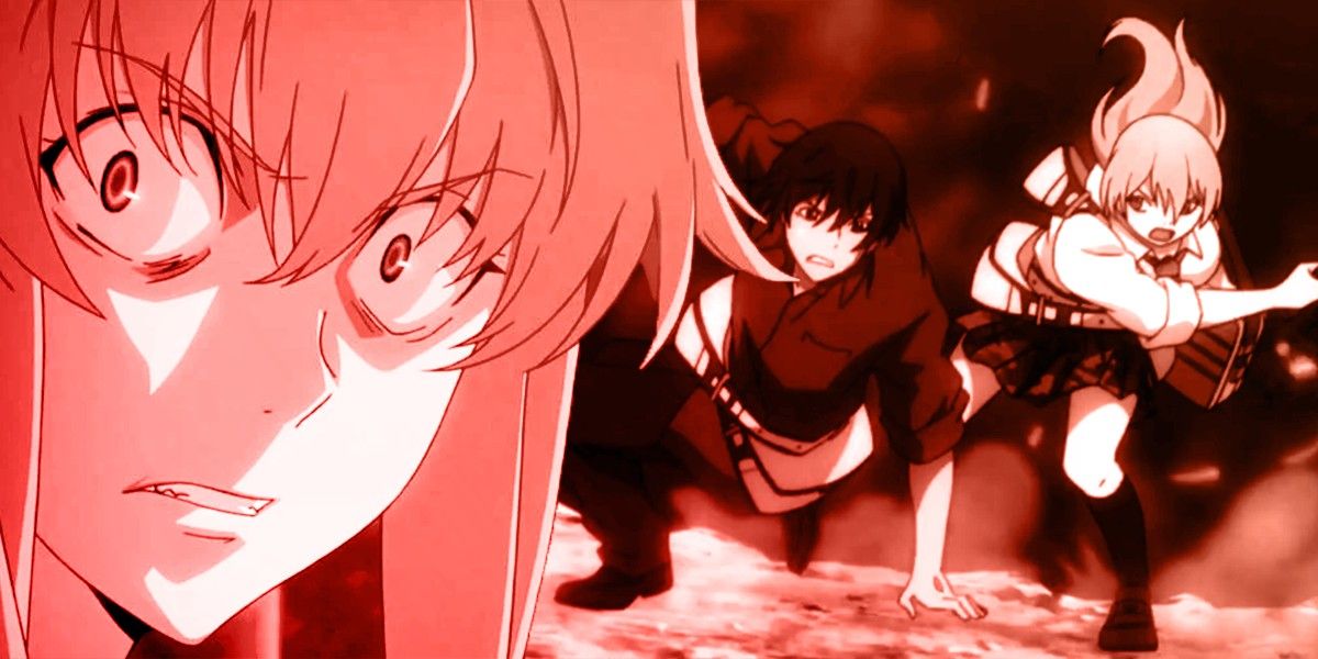 Left: a character looking afraid in Future Diary. Right: two characters running.