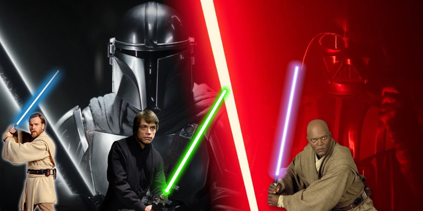 Star Wars characters wielding lightsabers