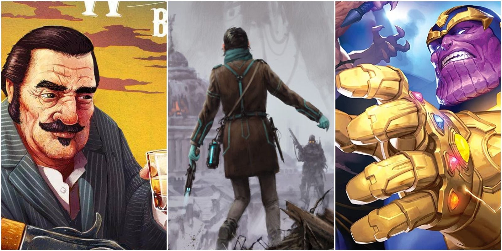 Split image of game covers: Western Legends, Blood Money, and Scythe: Rise Of Fenris, Marvel Champions: The Mad Titan's Shadow