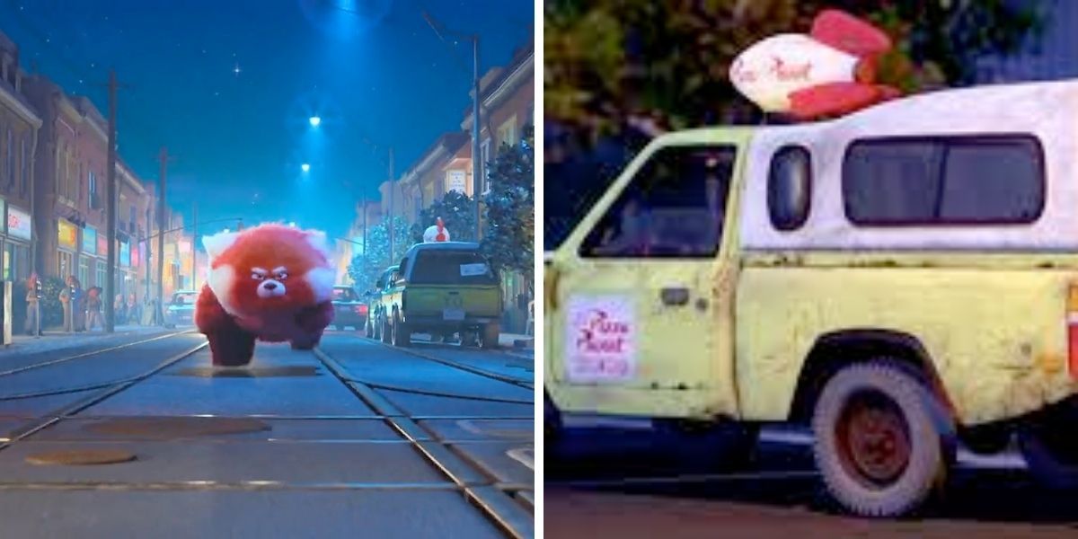 Images feature Pixar's Pizza Planet truck parked by the sidewalk in Turning Red