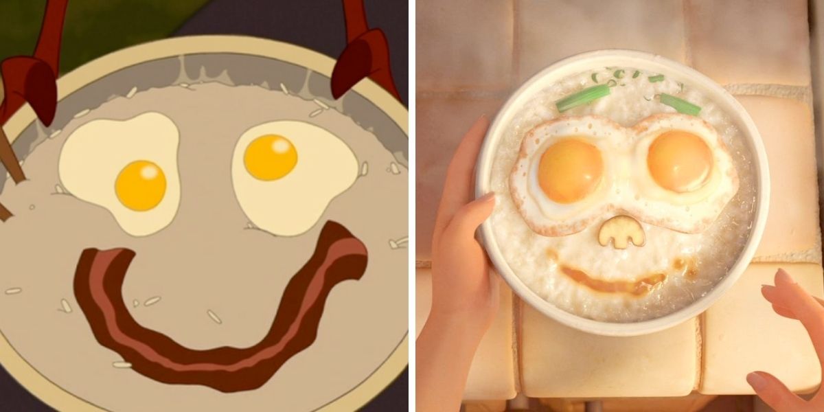 Images feature the smiley-faced congee (rice porridge) from Mulan and Turning Red