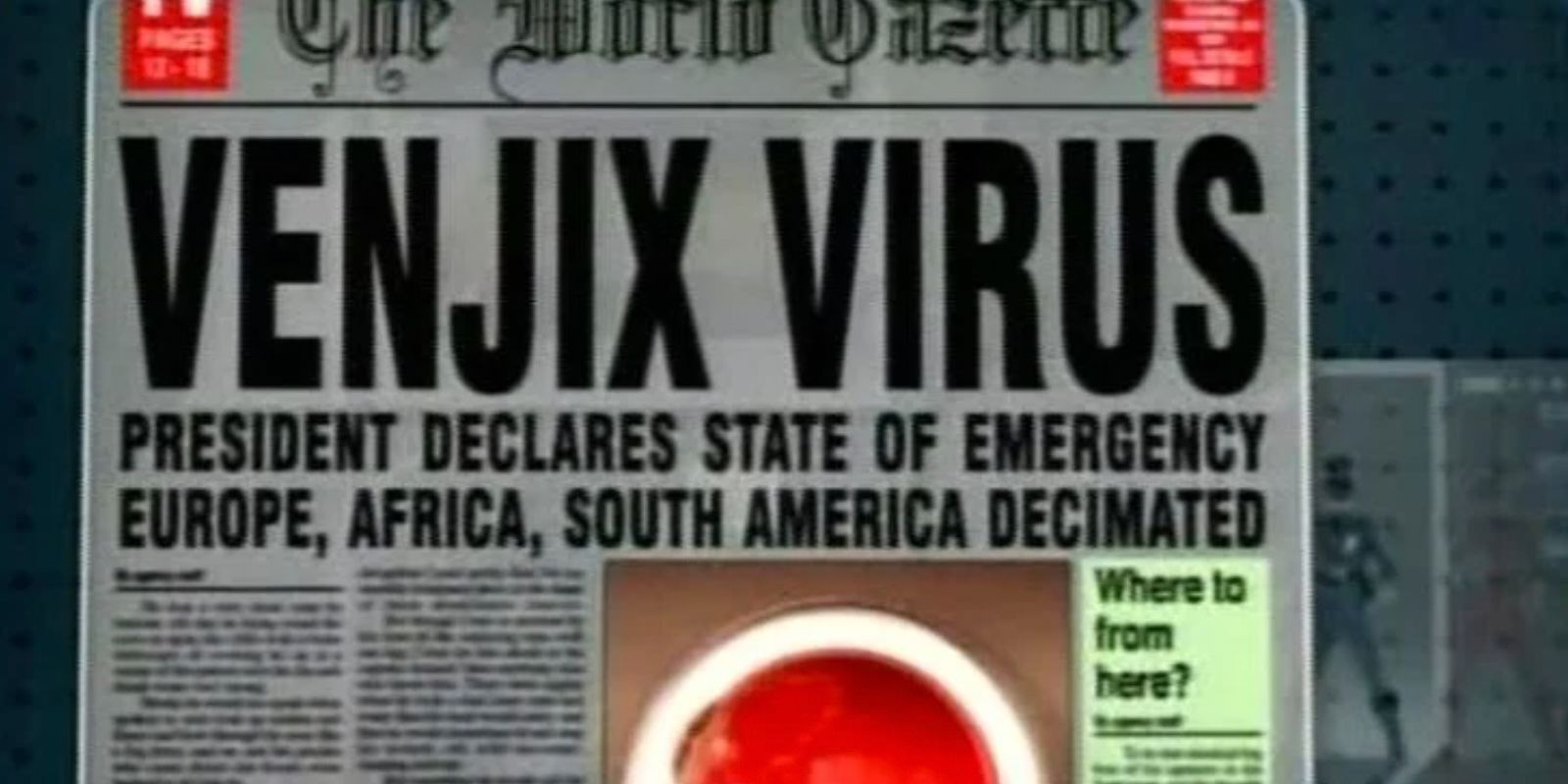 The World Gazette contains a Venjix virus headline in Power Rangers RPM