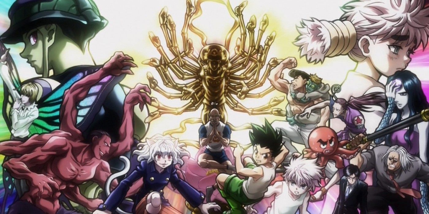 A collage of Hunter x Hunter characters, including Gon and Killua, during the Chimera Ant Arc.