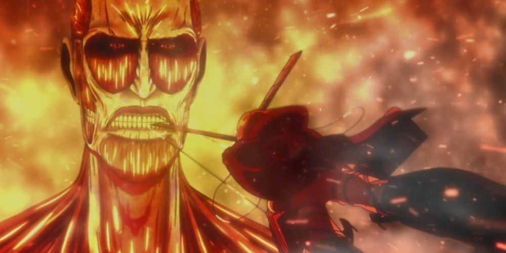 The Colossal Titan burns Armin in Attack on Titan.