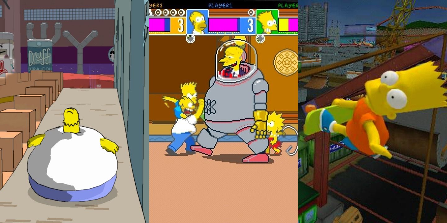 Split image of inflated Homer from the Simpsons game, the Simpsons arcade boss battle and Simpsons skating game