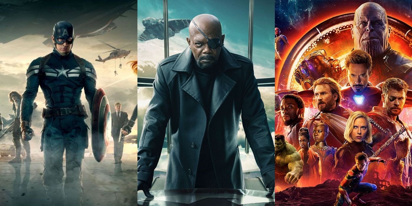Things that the Avengers Learned from Nick Fury Split Featured Captain America the Winter Soldier, Nick Fury on a Helicarrier, Avengers Infinity War with Thanos MCU