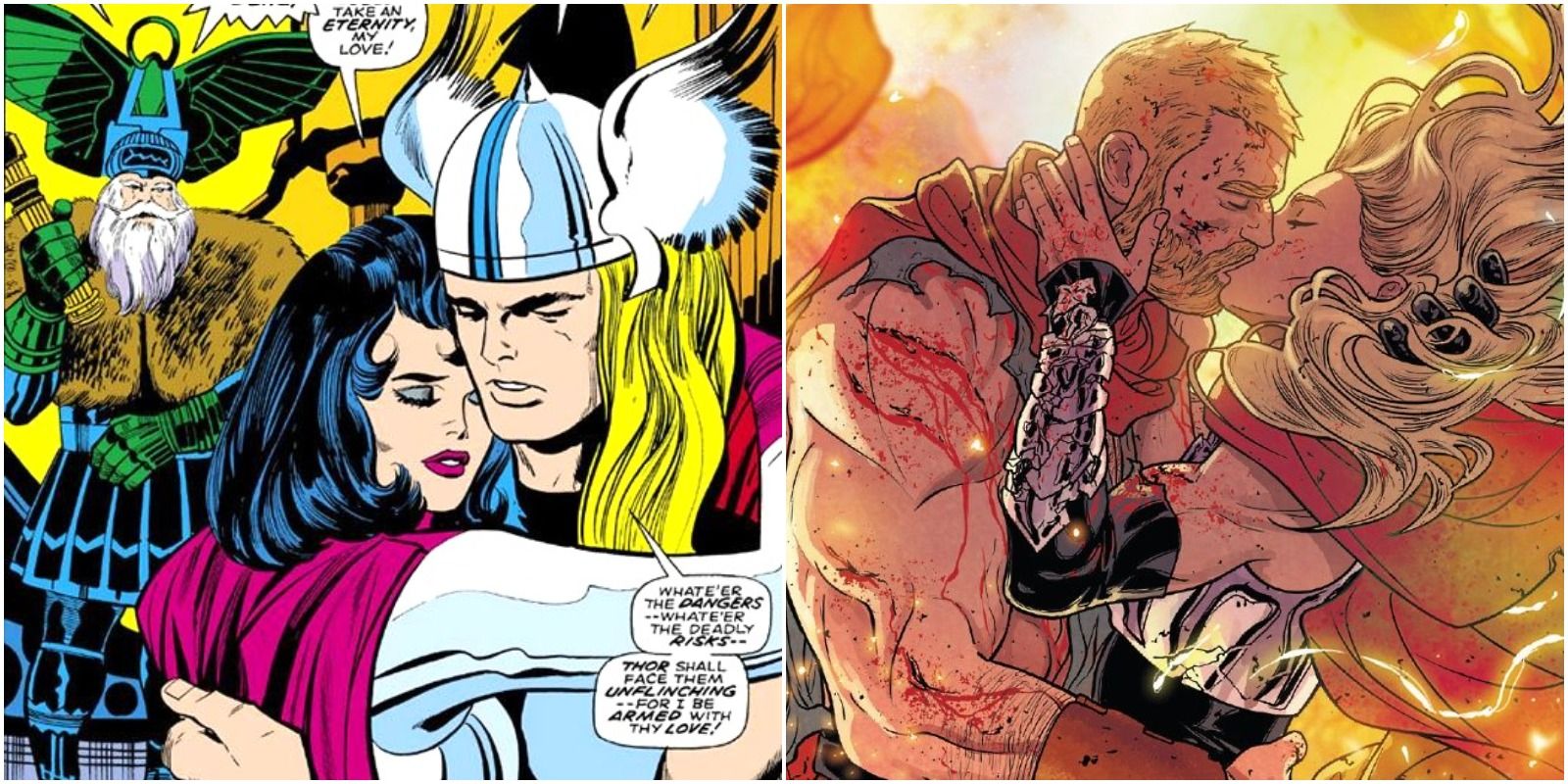 Classic Thor Saying Goodbye to Sif and Modern Thor Kissing Jane Foster Thor in Marvel Comics