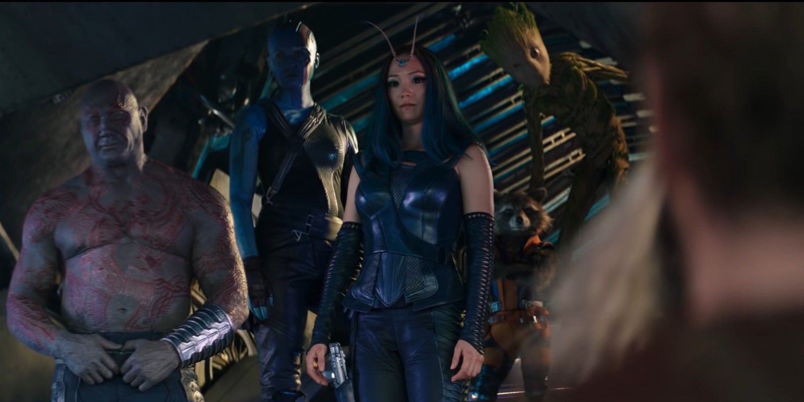 The Guardians of the Galaxy give Peter Quill a knowing look in Thor: Love and Thunder