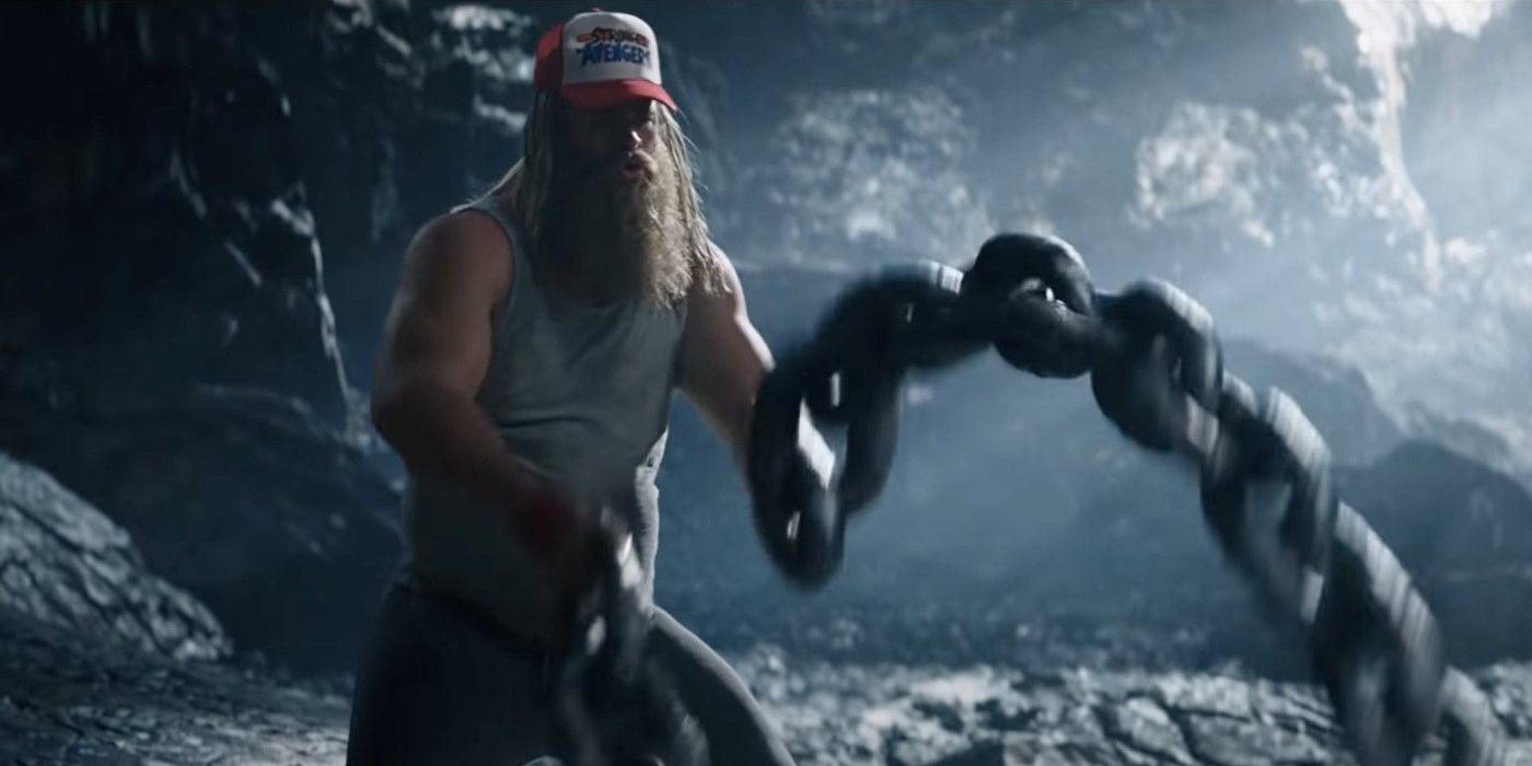 Thor works out wearing a hat that says he's the strongest Avenger in Thor: Love and Thunder.