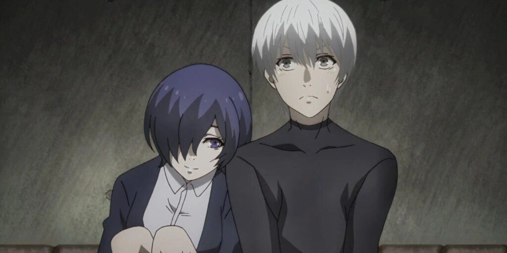 Touka leaning on Kaneki against a wall in Tokyo Ghoul.