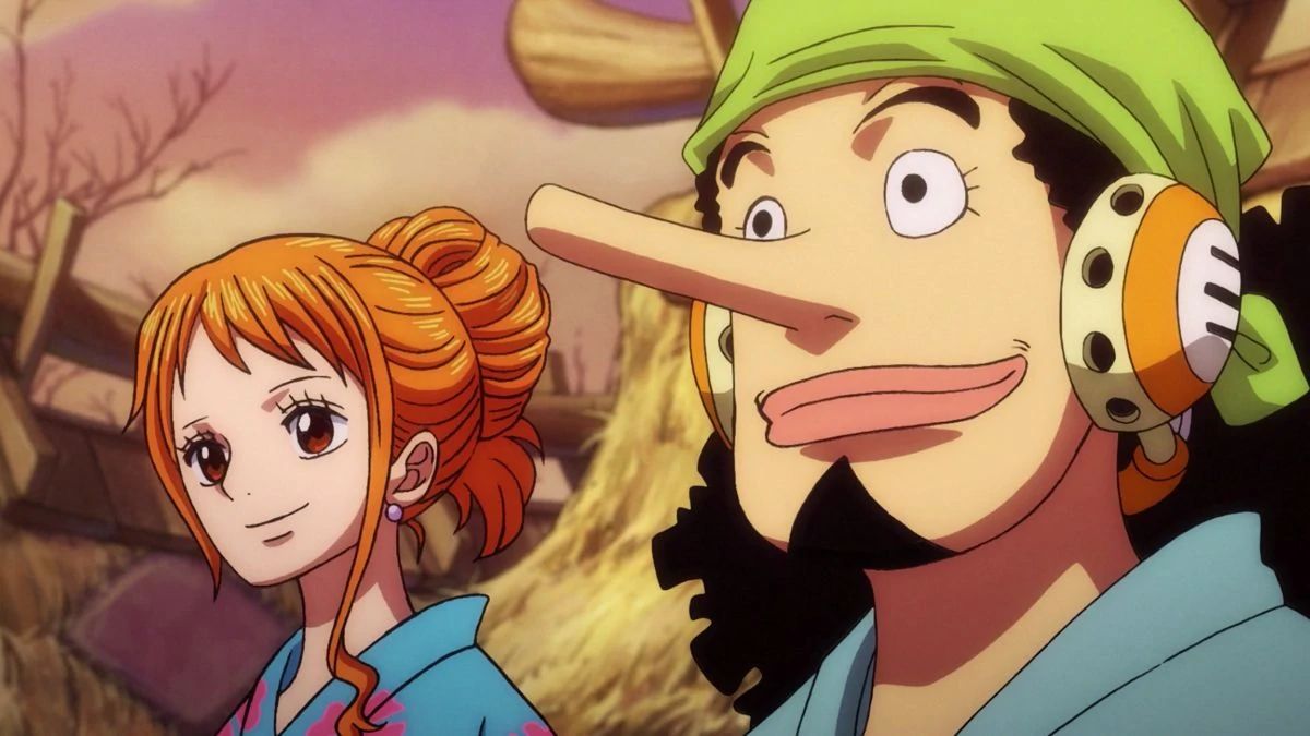 Usopp y Nami sonríen encantados durante el Arco de Wano en One Piece.