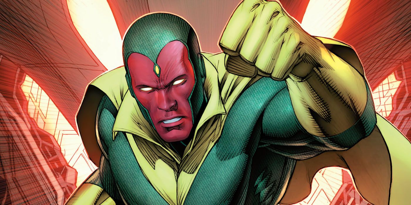 Vision from Marvel Comics prepares to attack his enemies.