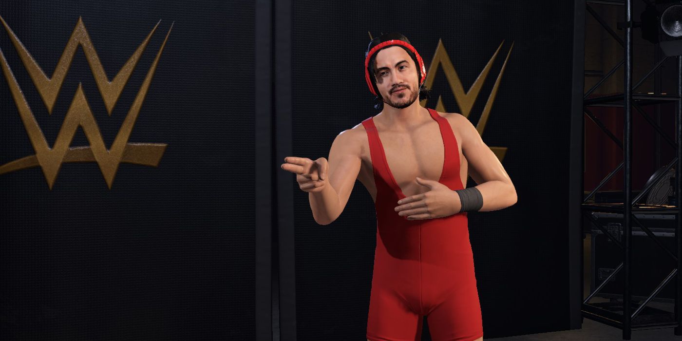 Uma recriação de Markiplier em WWE 2K22 vestindo uma camiseta vermelha de wrestling