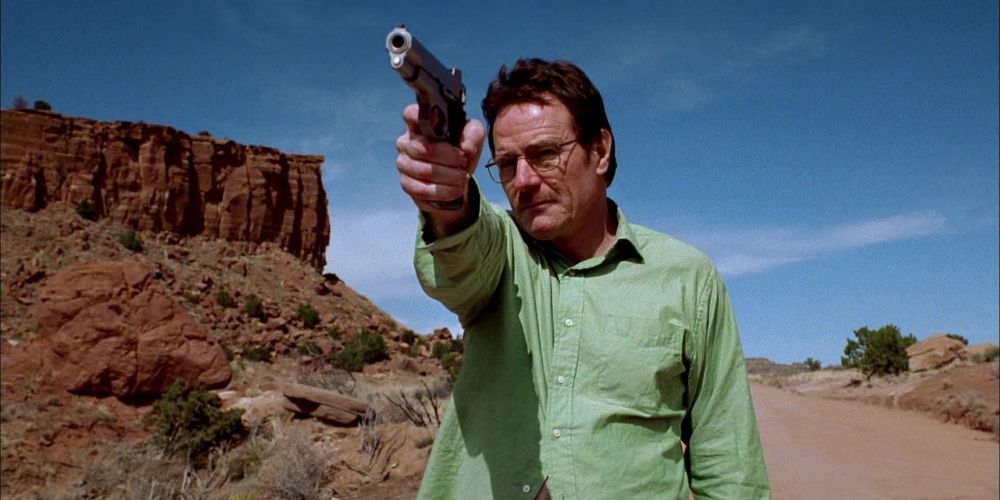 Walter White points a gun in Breaking Bad pilot episode
