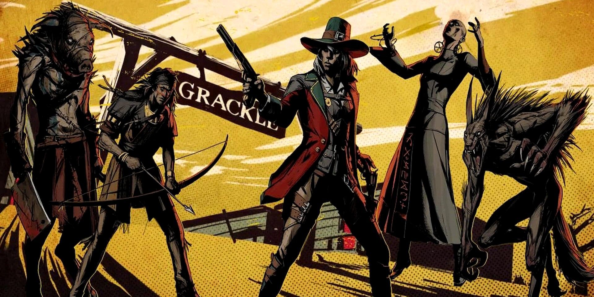 Promotional image for Weird West, featuring Jane Bell and several other characters.