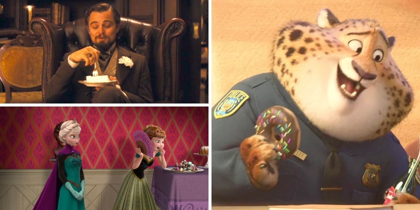 Images feature Calvin Candie from Django Unchained, Elsa and Anna from Frozen, and Benjamin Clawhauser from Zootopia