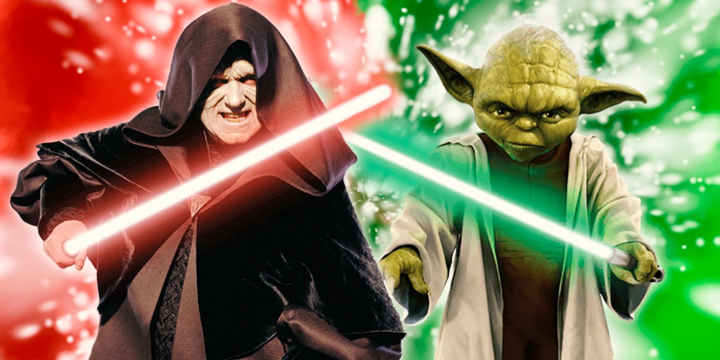 Palpatine and Yoda are put against different backgrounds representing their lightsaber colors