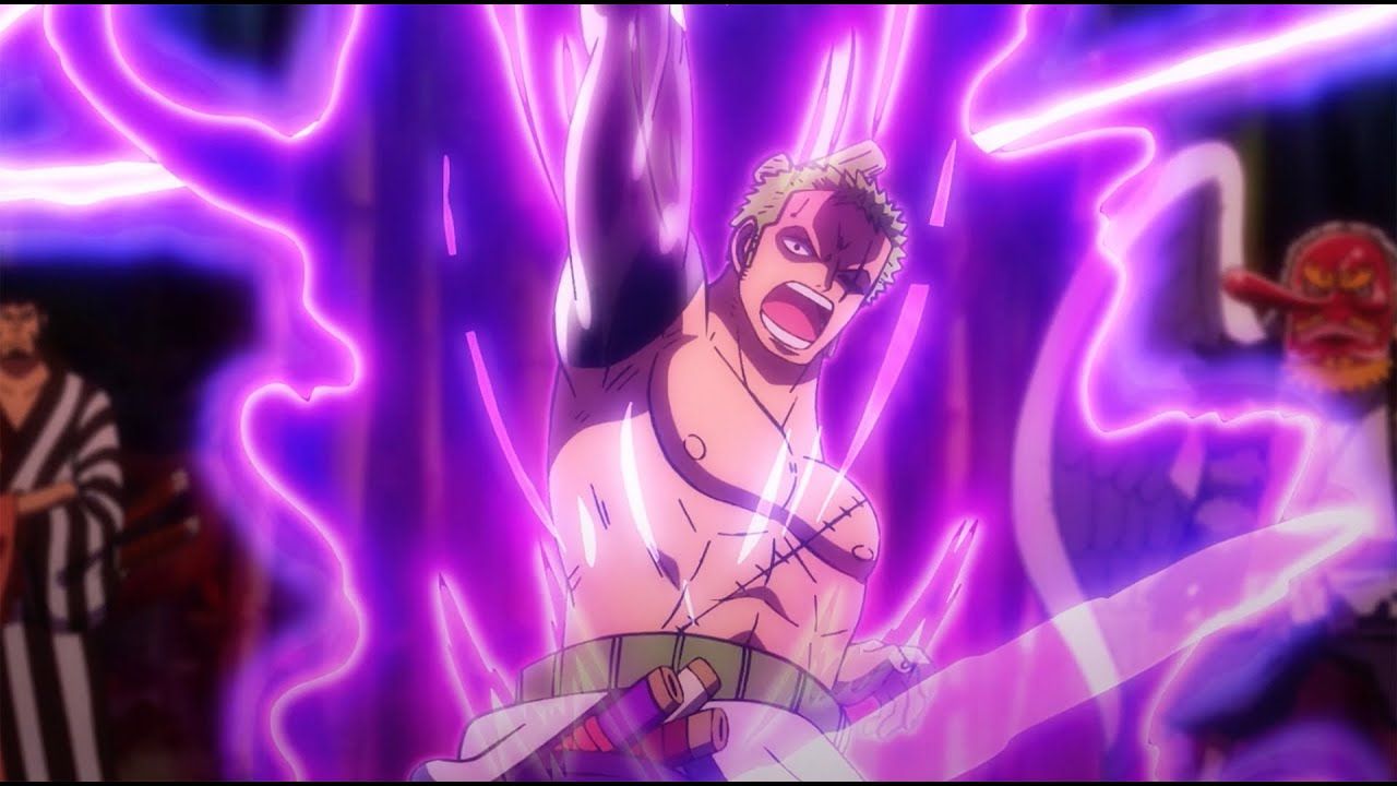 Zoro attacks with Enma as a purple glow surrounds his body